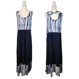 Boho Relaxed Maxi Tank Dress XL Blue Tie Dye Criss Cross Back Sundress Vacation